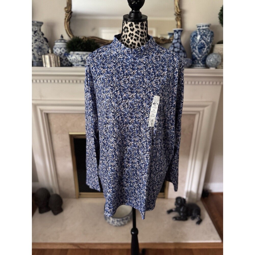 Croft & Barrow Mock Neck Shirt Women's Blue Tiny Floral Top Shirt Plus sz 3X New